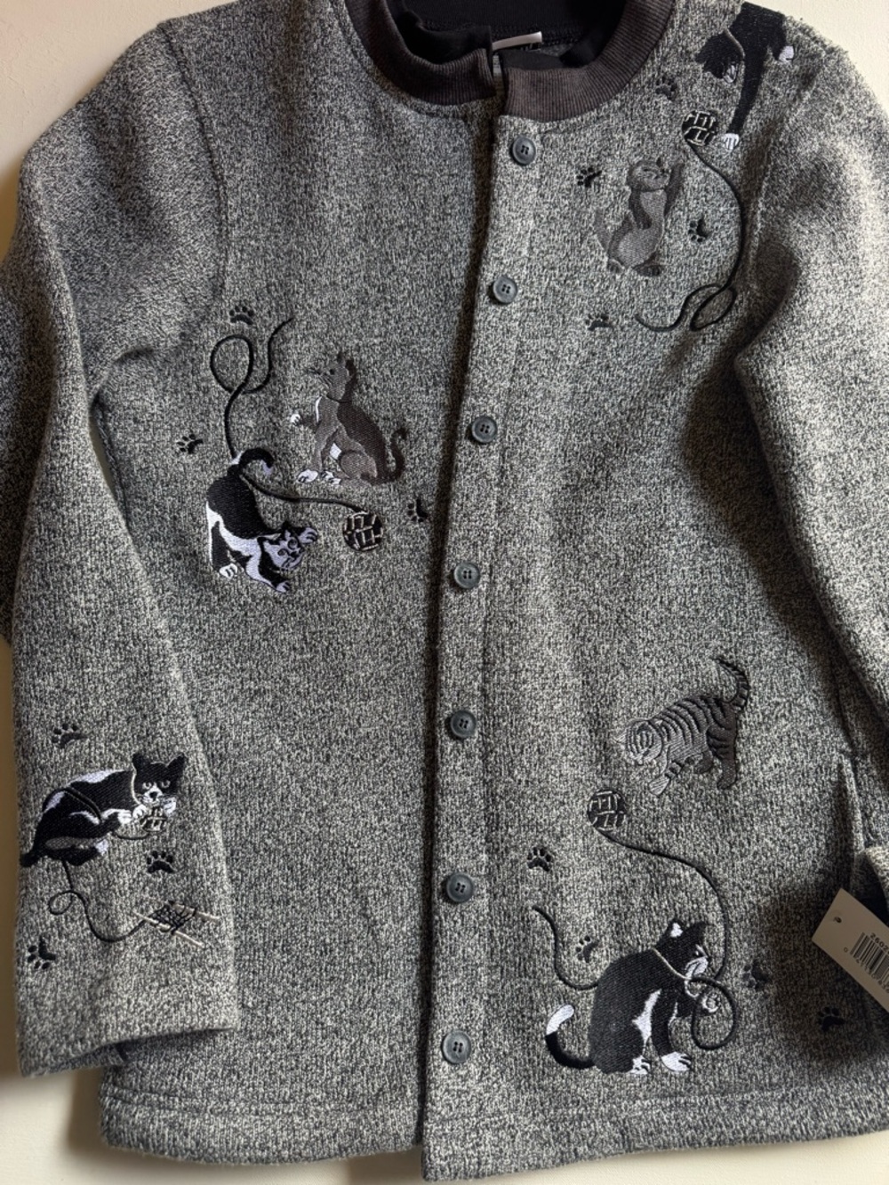 Vintage Bon Worth Gray Cat Embroidered Cardigan with Side Pockets Size XS